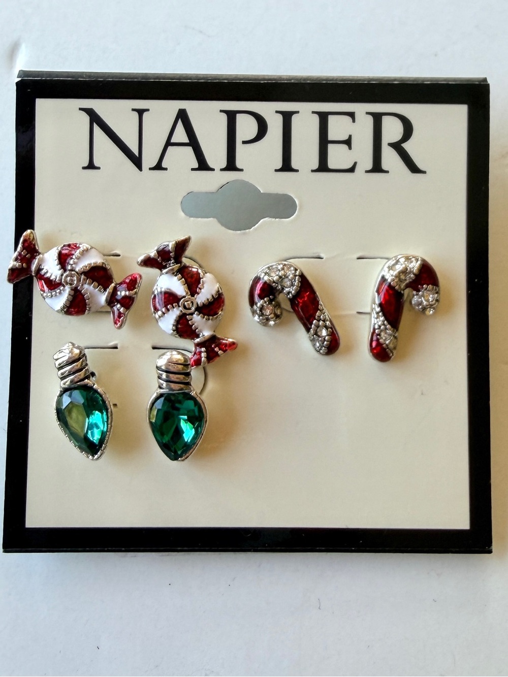 Napier Holiday Stud Earring 3 Piece Set Candy Drop, Candy Cane & Christmas Light